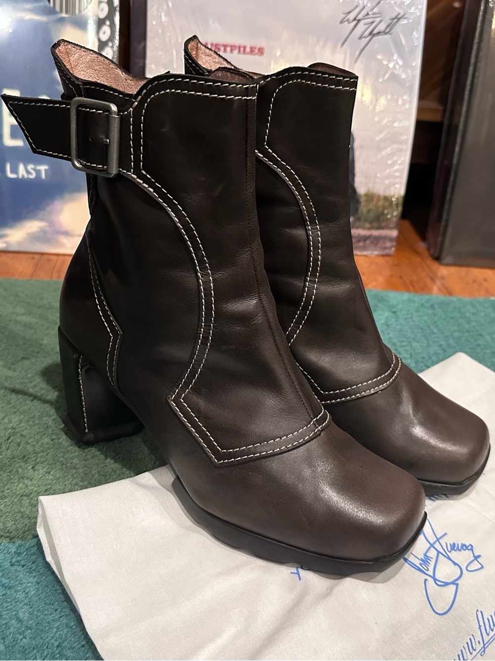 Fluevog EXCELLLENT Together Hi Nico chunky heel olive brown buckle boot-10.5